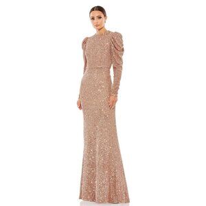 NWT Mac Duggal Sequined High Neck Puff Long Sleeve Column Gown Copper 12 #8605